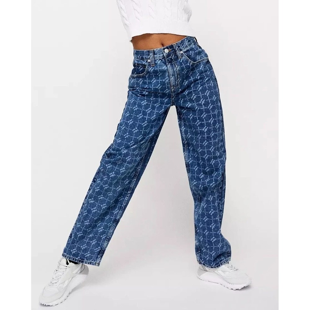 iets frans... Monogram Print Jeans Women 25W Blue High Rise Straight Leg